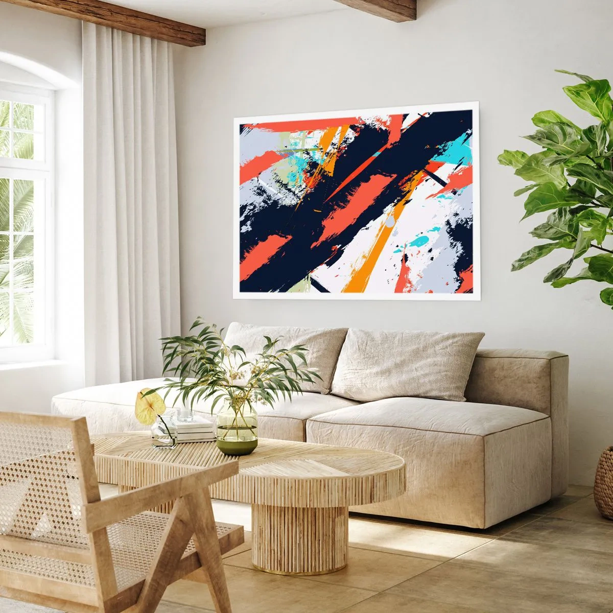 Affiche - Poster - Coups de pinceau abstraits aux couleurs vives - 100x70cm - Composition dynamique - Décoration murale moderne pour le salon et la chambre ARTTOR