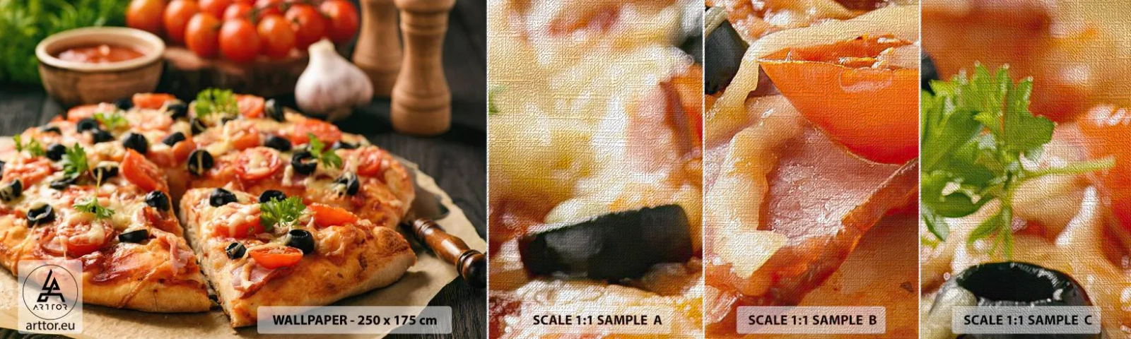 Échantillon de Papier Peint Premium Canvas - Tu t'en es encore tiré - La gastronomie, Pizza, Tomate - 100x30 cm