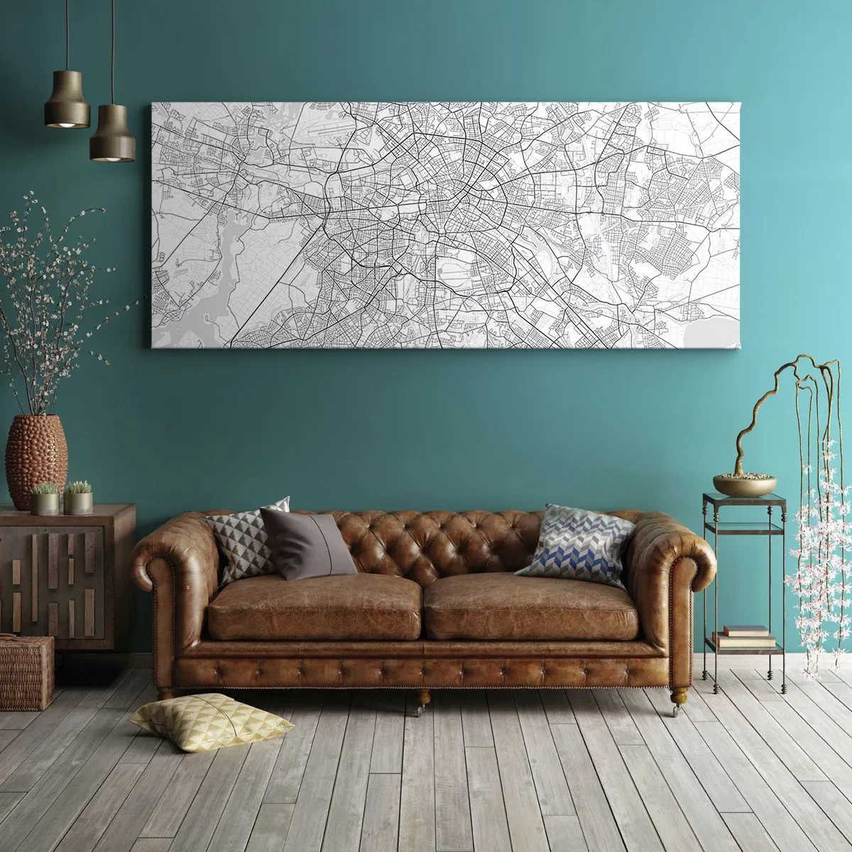 Impression sur toile - Image sur toile - Carte détaillée de la ville en noir et blanc - 160x50cm - Fleur de Berlin - Décoration murale moderne pour le salon et la chambre ARTTOR