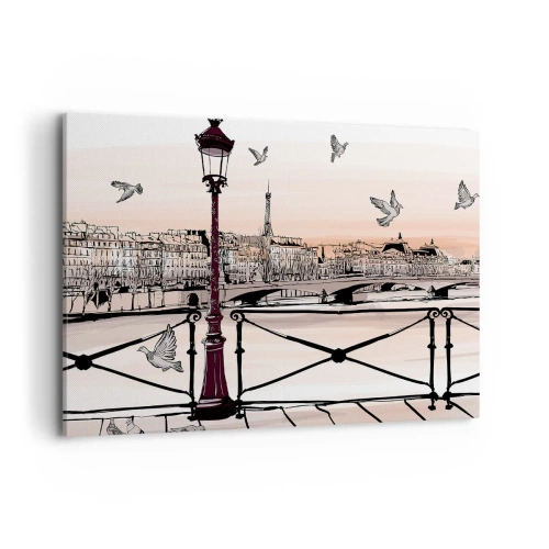 Impression sur toile - Image sur toile - Vue parisienne avec une lanterne et un pont - 100x70cm - Sur les toits de Paris - Décoration murale moderne pour le salon et la chambre ARTTOR