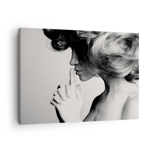 Impression sur toile - Image sur toile - Profil noir et blanc d'une femme faisant un geste de silence - 70x50cm - A l'écoute d'elle-même - Décoration murale moderne pour le salon et la chambre ARTTOR