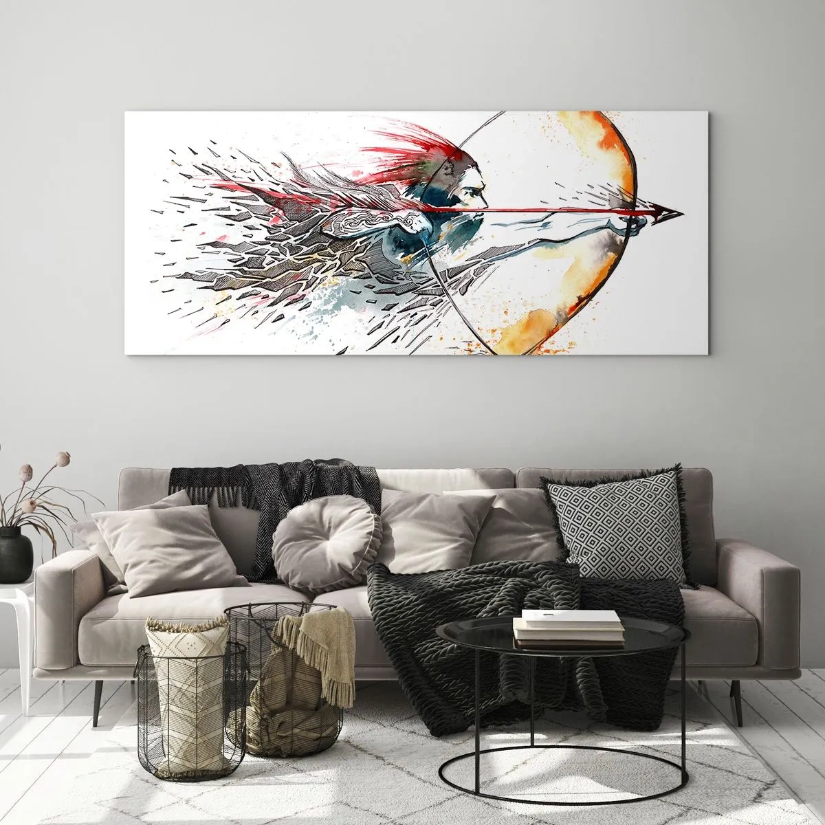 Impression sur verre - Image sur verre - Aquarelle dynamique d'un guerrier avec un arc et des flèches - 160x50cm - Guerrier mythique avec un arc de feu - Décoration murale moderne pour le salon et la chambre ARTTOR