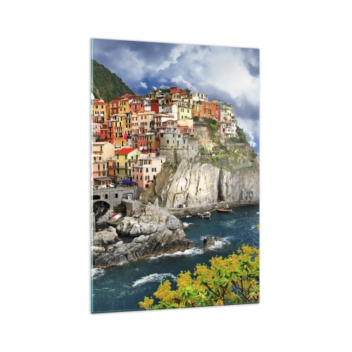 Impression sur verre - Image sur verre - Maisons colorées sur une falaise surplombant la mer aux Cinque Terre - 70x100cm - Un groupe embrassant les rochers - Décoration murale moderne pour le salon et la chambre ARTTOR