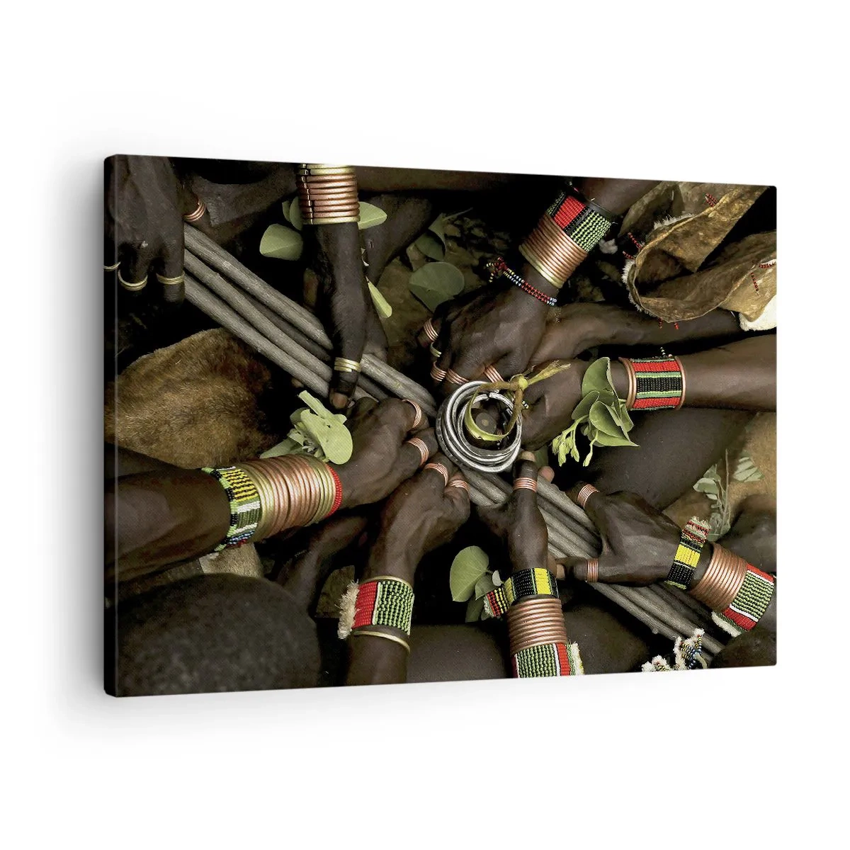 Impression sur toile - Image sur toile - Bracelets de main traditionnels dans un groupe de mains - 70x50cm - Nous sommes ensemble - Décoration murale moderne pour le salon et la chambre ARTTOR