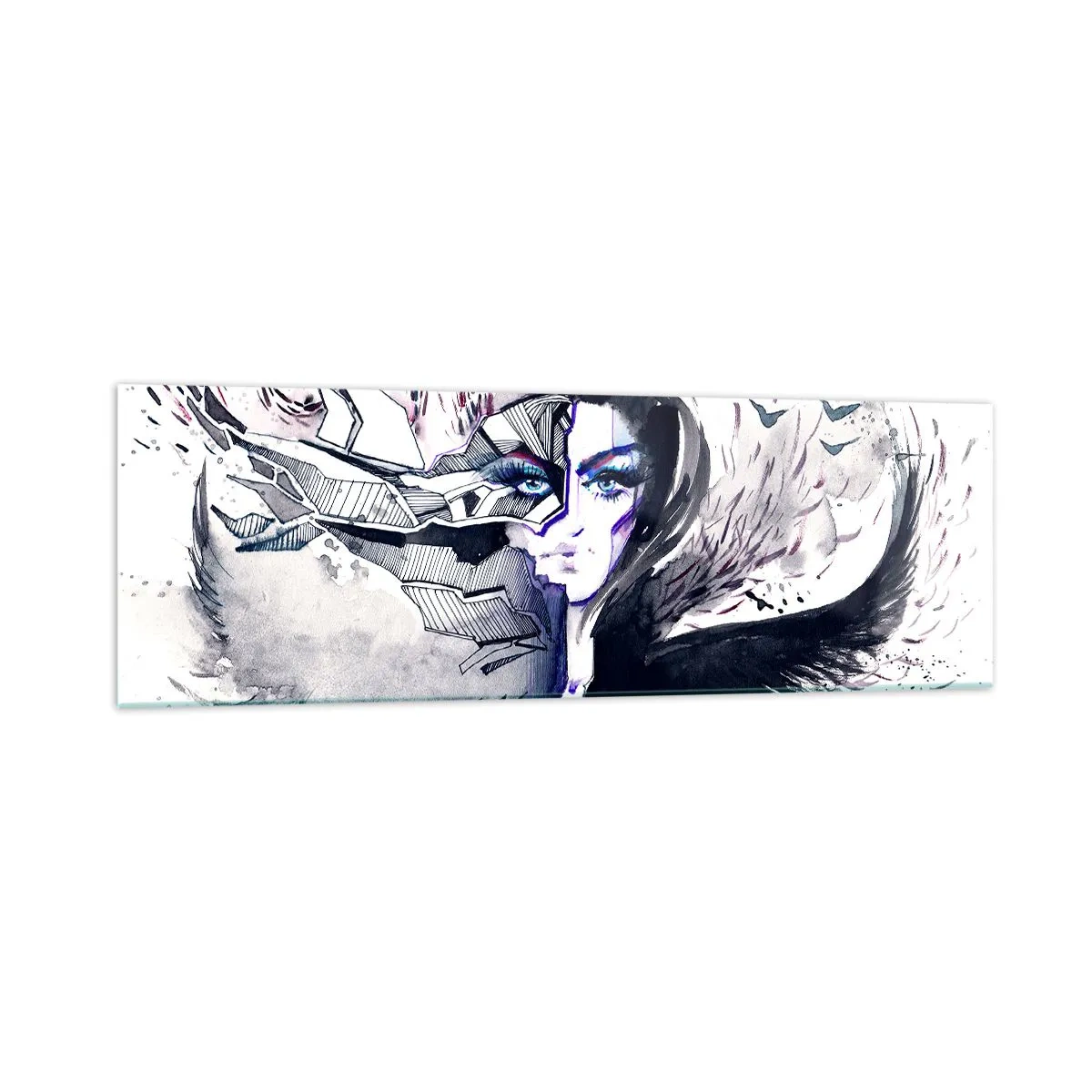 Impression sur verre - Image sur verre - Visage abstrait avec des éléments contrastés et un motif d'aile - 160x50cm - Démoniaque et belle - Décoration murale moderne pour le salon et la chambre ARTTOR