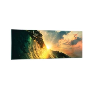 Impression sur verre - Image sur verre - Une vague avec le soleil couchant et les nuages illuminés - 140x50cm - Surfeur, où es-tu ? - Décoration murale moderne pour le salon et la chambre ARTTOR