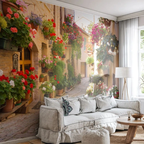 Papier Peint Autocollant Deluxe Sticker - Une inondation de fleurs - Ville, Italie, Belles rues - 300x210 cm