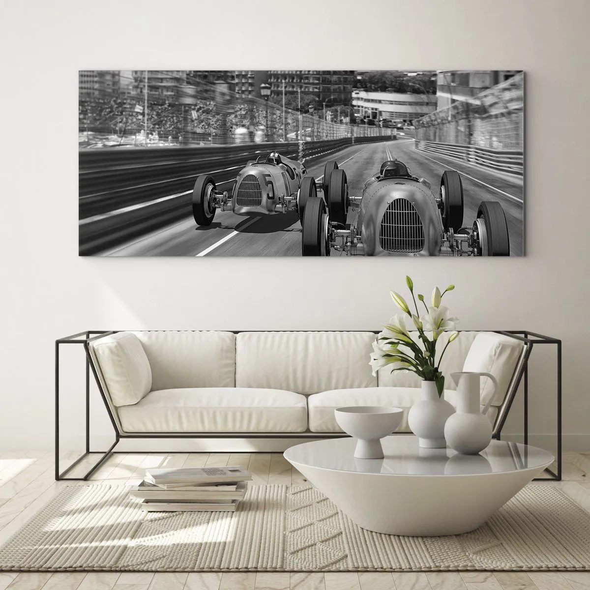 Impression sur verre - Image sur verre - Scène de course automobile rétro monochrome - 160x50cm - Il y a longtemps à Monté Carlo - Décoration murale moderne pour le salon et la chambre ARTTOR