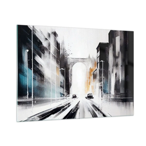 Impression sur verre - Image sur verre - Une rue de ville dynamique avec des voitures et une arche en arrière-plan dans un style pictural. - 100x70cm - Étude de ville : architecture et mouvement - Décoration murale moderne pour le salon et la chambre ARTT
