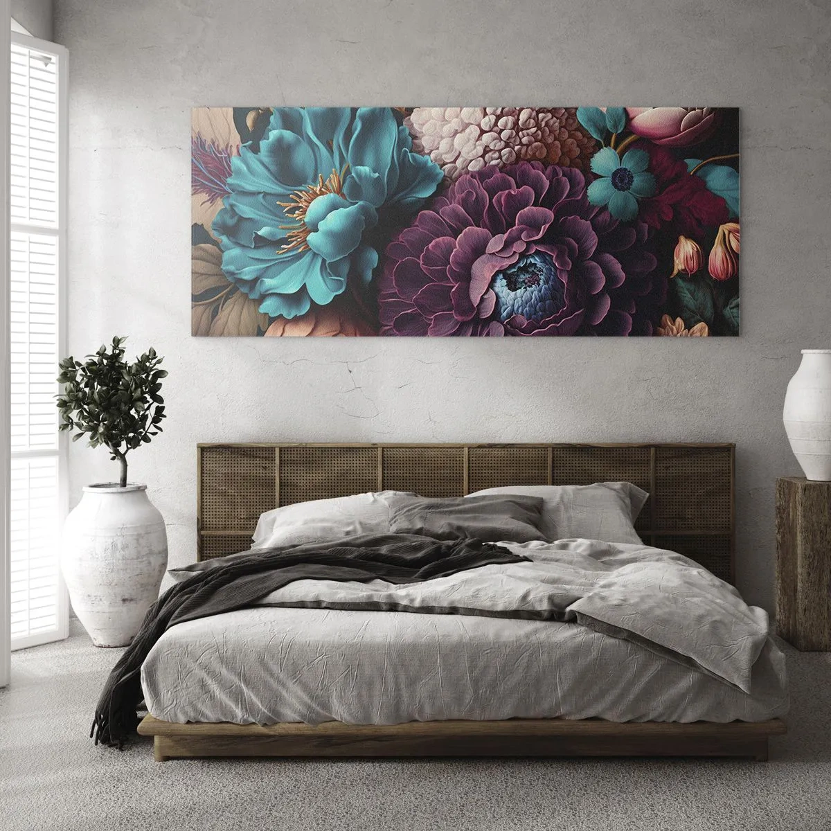 Impression sur verre - Image sur verre - Un bouquet de fleurs aux couleurs intenses sur fond sombre - 120x50cm - La nature en abondance - Décoration murale moderne pour le salon et la chambre ARTTOR