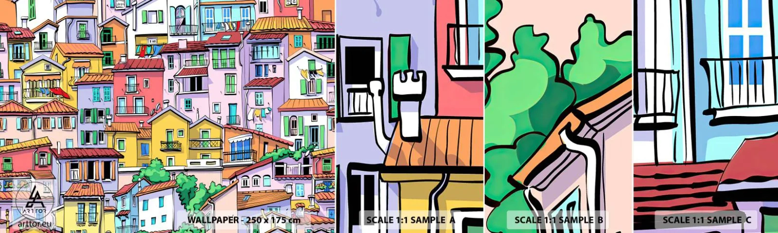 Échantillon De Papier Peint Standard Eco - Ville joyeuse - Ville, Immeubles d'habitation, Maisons - 100x30 cm