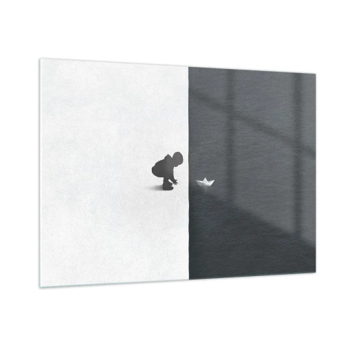 Impression sur verre - Image sur verre - Silhouette d'un enfant lançant un bateau en papier dans l'eau - 100x70cm - Grande expédition - Décoration murale moderne pour le salon et la chambre ARTTOR