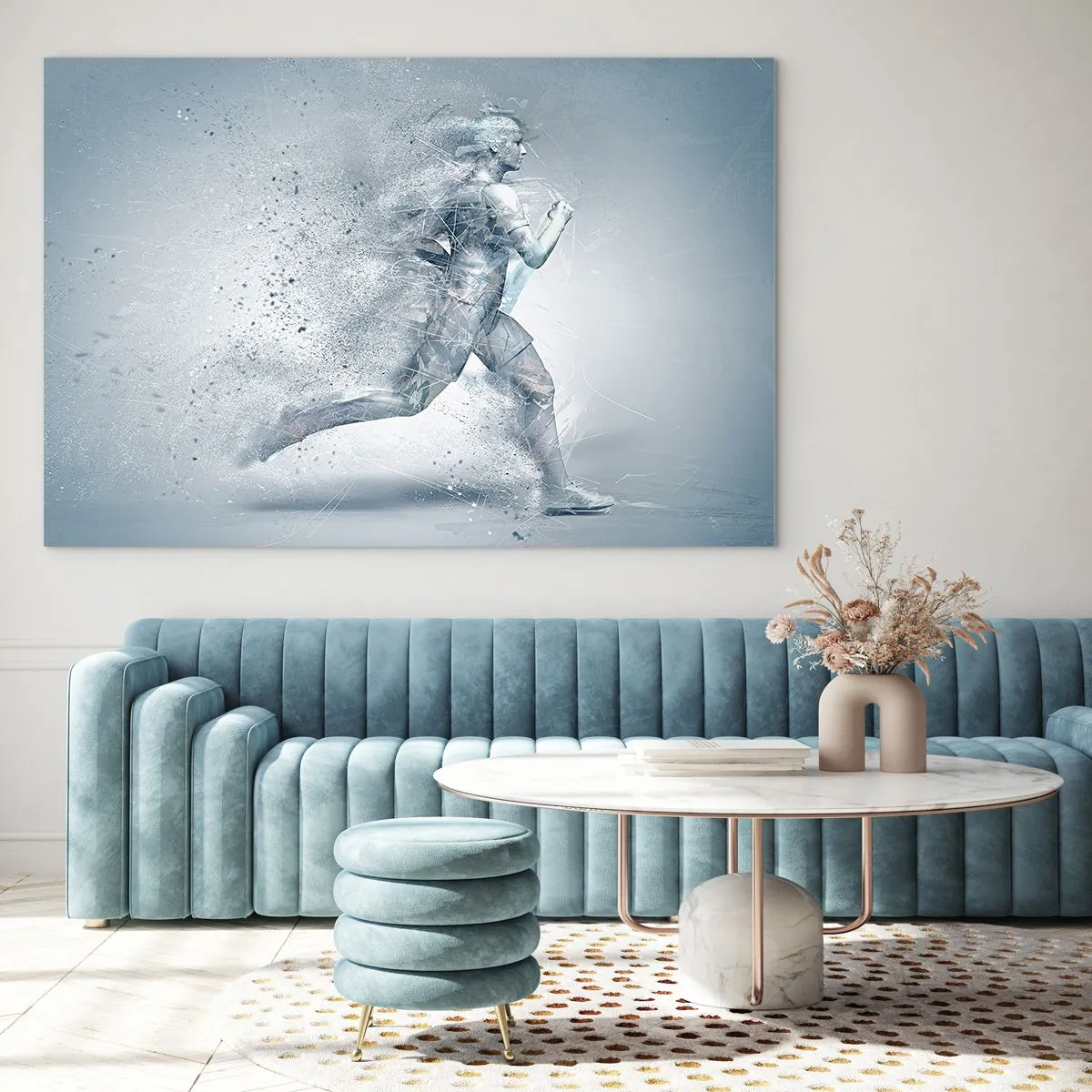 Impression sur verre - Image sur verre - Silhouette d'une figure en train de courir dans une forme abstraite - 100x70cm - Une énergie cristalline - Décoration murale moderne pour le salon et la chambre ARTTOR