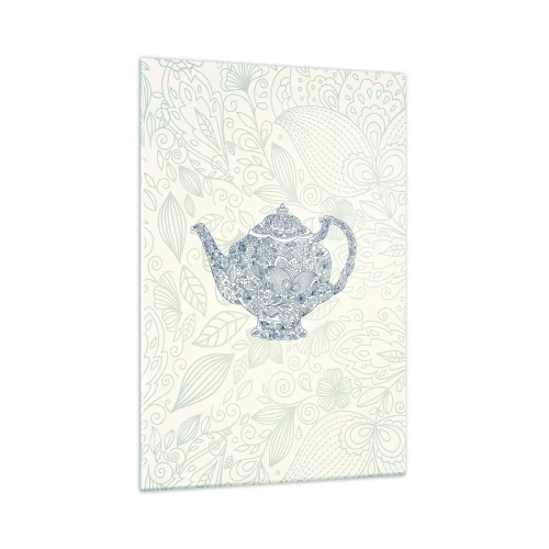 Impression sur verre - Image sur verre - Dessin décoratif d'une théière avec des ornements bleus - 70x100cm - Le charme du thé - Décoration murale moderne pour le salon et la chambre ARTTOR
