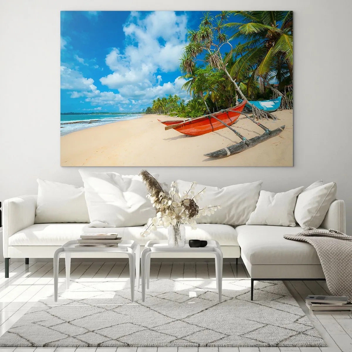 Impression sur verre - Image sur verre - Plage tropicale avec palmiers et bateaux traditionnels - 100x70cm - Le charme des tropiques - Décoration murale moderne pour le salon et la chambre ARTTOR