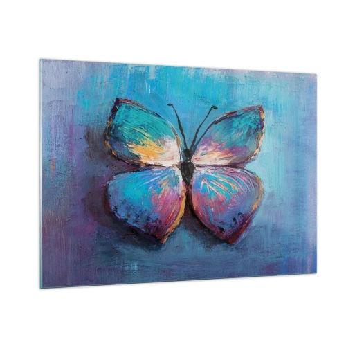 Impression sur verre - Image sur verre - Un papillon coloré sur un fond de couleurs abstraites dans des tons de bleu et de violet. - 100x70cm - Dans toute sa splendeur - Décoration murale moderne pour le salon et la chambre ARTTOR