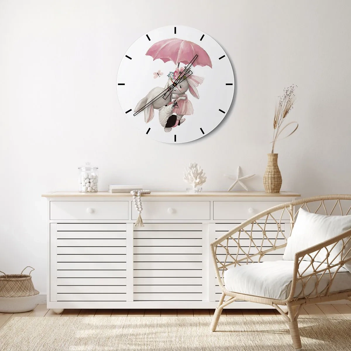 Horloge murale - Pendule murale - Deux lapins sous un parapluie rose avec des décorations florales - 30x30cm - C'est ça l'amour - Décoration murale moderne pour le salon, la cuisine et la chambre ARTTOR