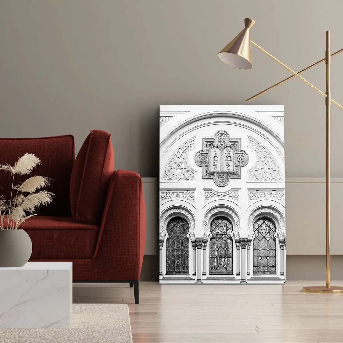 Impression sur toile - Image sur toile - Détails architecturaux de la façade dans un style monochrome - 70x100cm - À la frontière des cultures - Décoration murale moderne pour le salon et la chambre ARTTOR