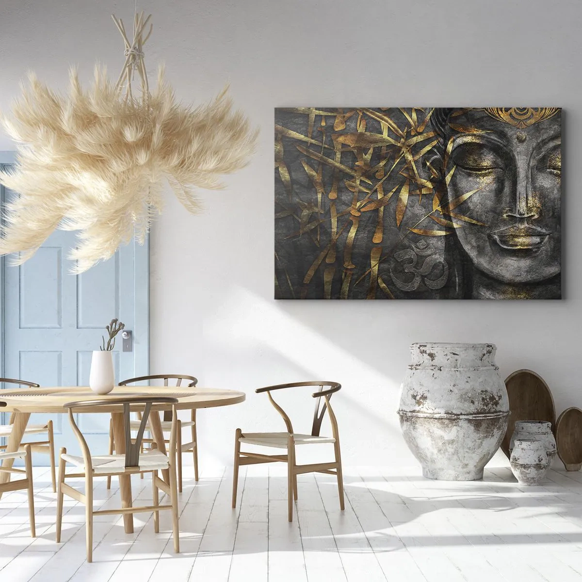 Impression sur toile - Image sur toile - Image de Bouddha zen avec des bambous dorés - 120x80cm - Ressentir le calme - Décoration murale moderne pour le salon et la chambre ARTTOR