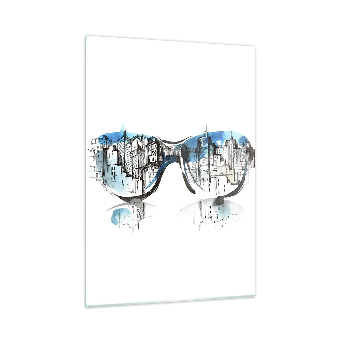 Impression sur verre - Image sur verre - Le panorama de la ville reflété dans les lunettes de soleil - 50x70cm - Le chic des grandes villes - Décoration murale moderne pour le salon et la chambre ARTTOR