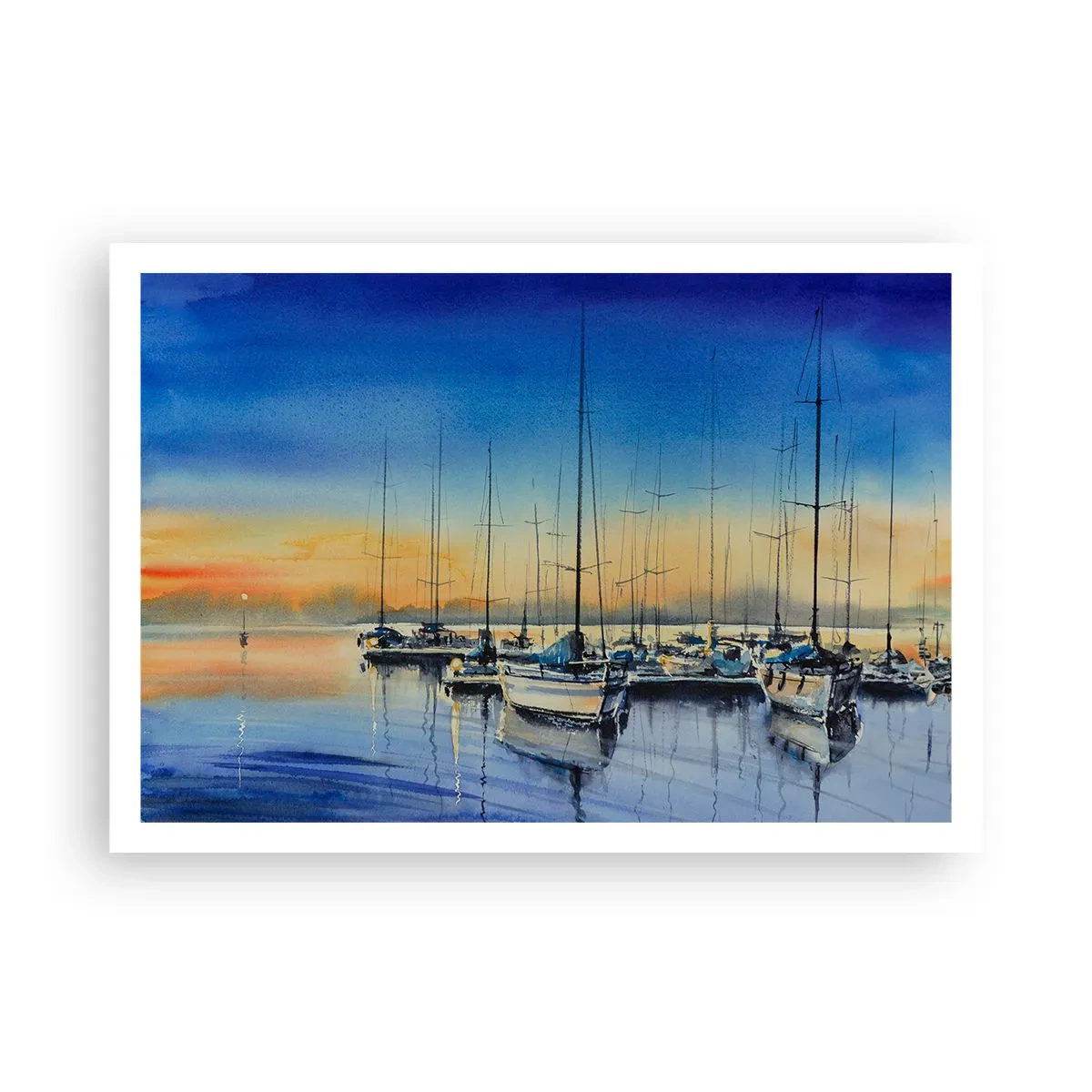 Affiche - Poster - Port de plaisance au coucher du soleil avec reflets sur l'eau - 100x70cm - Fin d'une belle journée - Décoration murale moderne pour le salon et la chambre ARTTOR