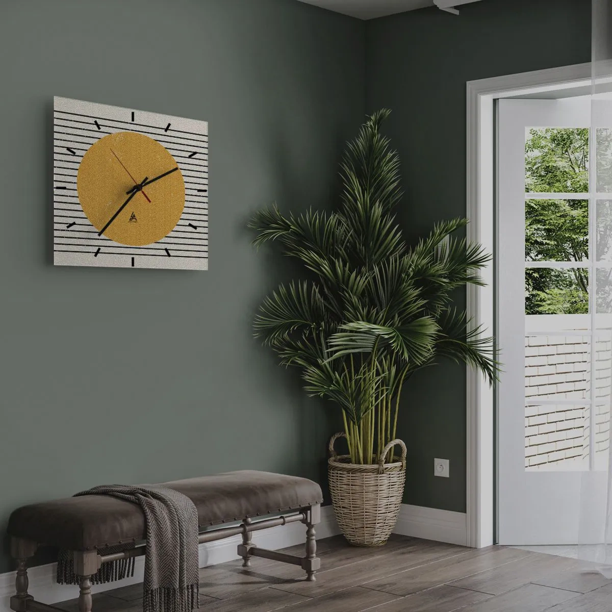 Horloge murale - Pendule murale - Un cercle jaune sur un fond de lignes horizontales noires et blanches - 30x30cm - Le pouvoir de la simplicité - Décoration murale moderne pour le salon et la chambre ARTTOR