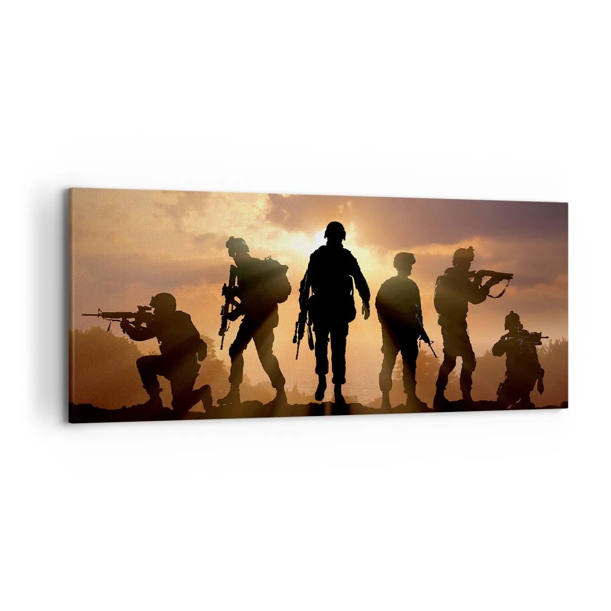 Impression sur toile - Image sur toile - Soldats sur fond de soleil couchant dans un décor dynamique - 120x50cm - Brothers in arms - Décoration murale moderne pour le salon et la chambre ARTTOR