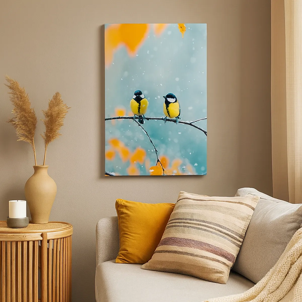 Impression sur toile - Image sur toile - Deux oiseaux sur une branche dans un décor hivernal avec des feuilles jaunes. - 50x70cm - Potins d'oiseaux - Décoration murale moderne pour le salon et la chambre ARTTOR