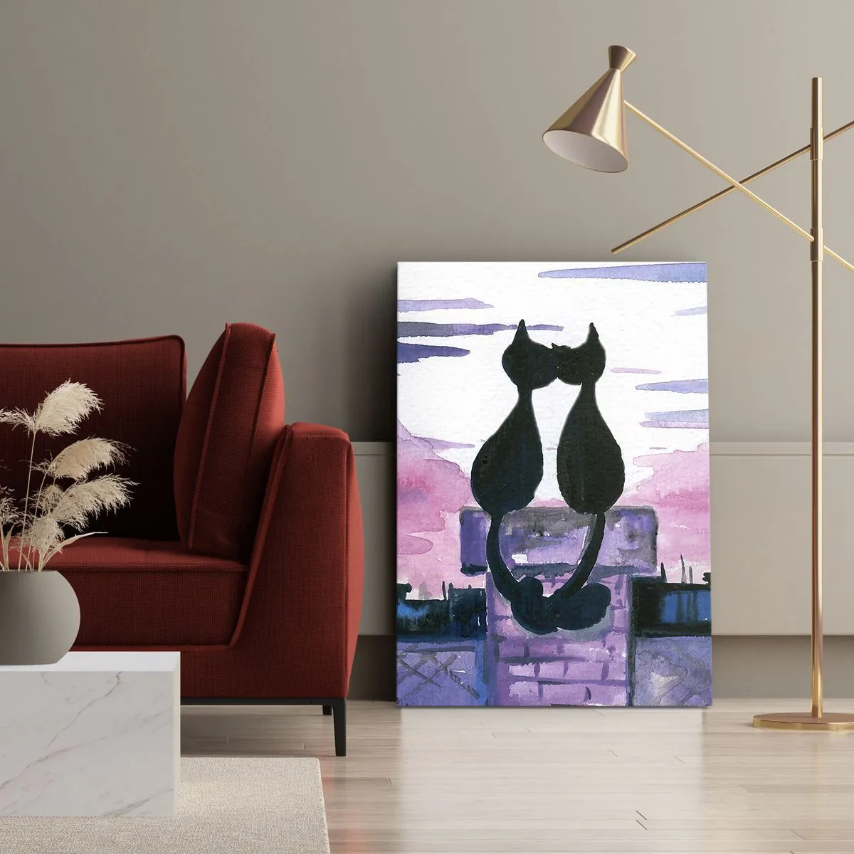 Impression sur toile - Image sur toile - Chats noirs sur un toit au clair de lune dans un décor aquarelle - 50x70cm - Rendez-vous sous la lune - Décoration murale moderne pour le salon et la chambre ARTTOR