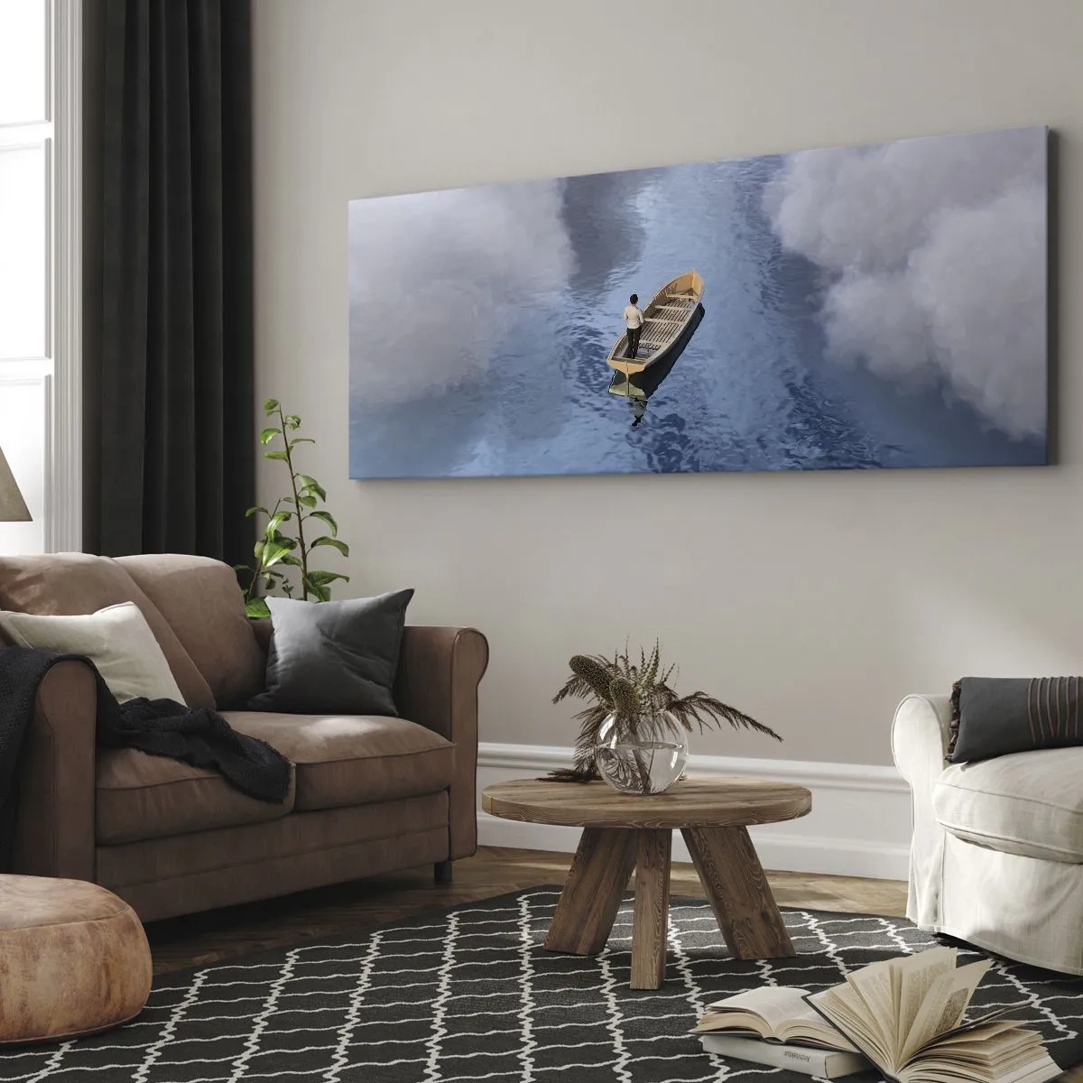 Impression sur toile - Image sur toile - Un homme dans un bateau sur une mer calme entourée de nuages - 160x50cm - Vie – voyage – inconnu - Décoration murale moderne pour le salon et la chambre ARTTOR