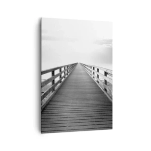 Impression sur toile - Image sur toile - Une image en noir et blanc d'une jetée en bois menant vers l'horizon. - 70x100cm - A perte de vue... - Décoration murale moderne pour le salon et la chambre ARTTOR