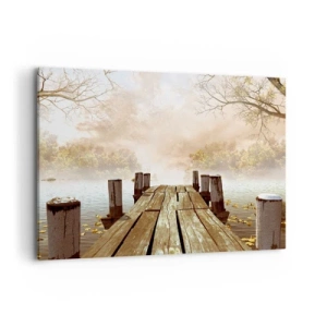 Impression sur toile - Image sur toile - Une jetée en bois menant à un lac calme dans la brume matinale - 100x70cm - La douce tristesse de l'automne - Décoration murale moderne pour le salon et la chambre ARTTOR