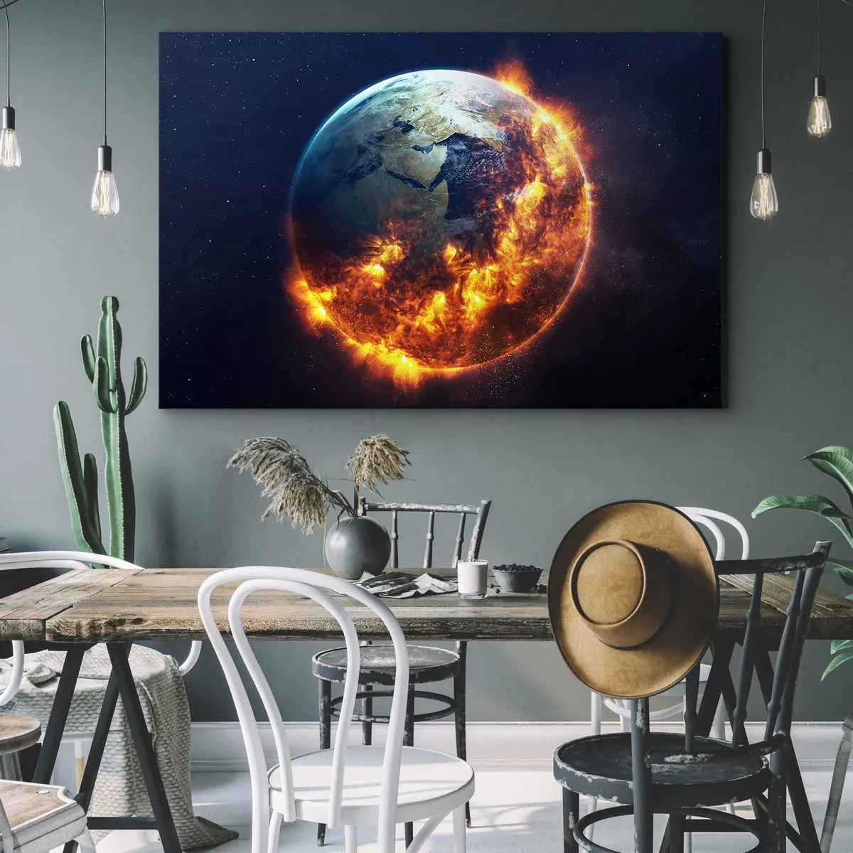 Impression sur toile - Image sur toile - La planète Terre en feu dans l'espace - 120x80cm - La flamme de l'apocalypse - Décoration murale moderne pour le salon et la chambre ARTTOR