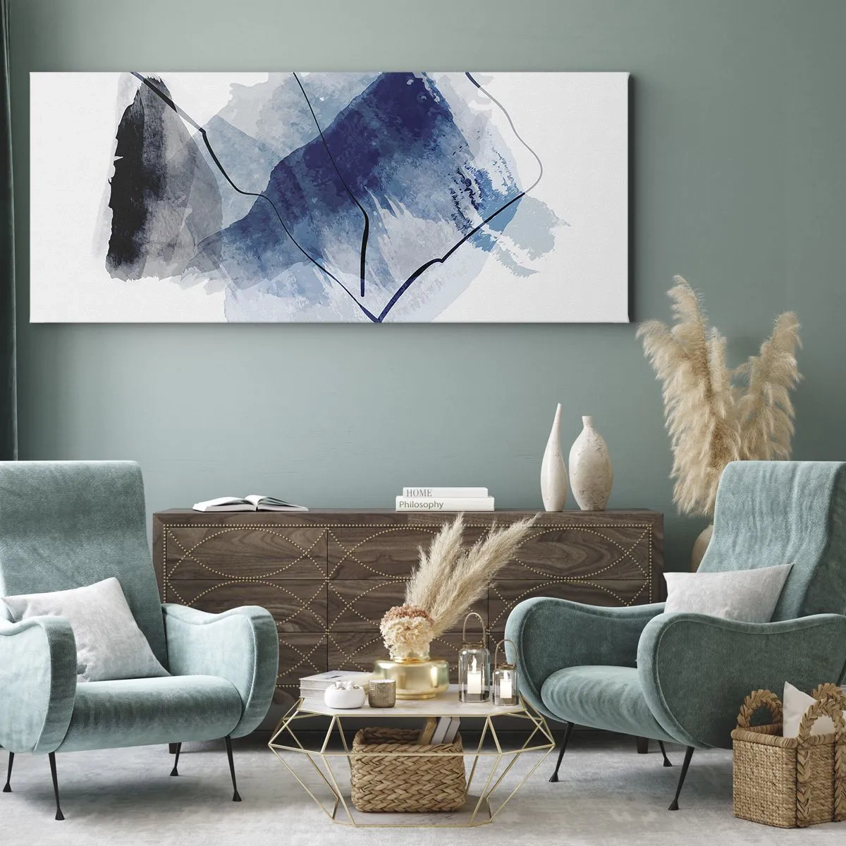 Impression sur toile - Image sur toile - Formes abstraites dans des tons de bleu avec des lignes délicates - 160x50cm - Montagne de glace - Décoration murale moderne pour le salon et la chambre ARTTOR
