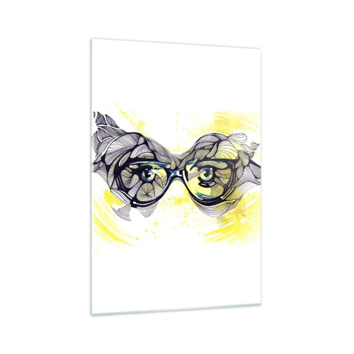 Impression sur verre - Image sur verre - Graphiques artistiques de lunettes aux yeux expressifs - 70x100cm - À travers des lunettes bleues - Décoration murale moderne pour le salon et la chambre ARTTOR
