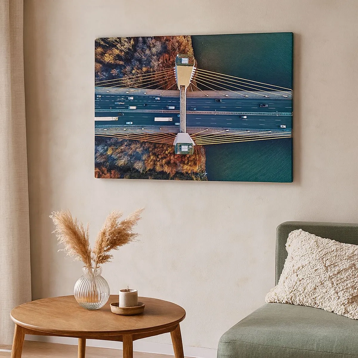 Impression sur toile - Image sur toile - Vue aérienne du pont sur la rivière et du paysage d'automne - 70x50cm - Au dessus de l'eau et de la forêt - Décoration murale moderne pour le salon et la chambre ARTTOR