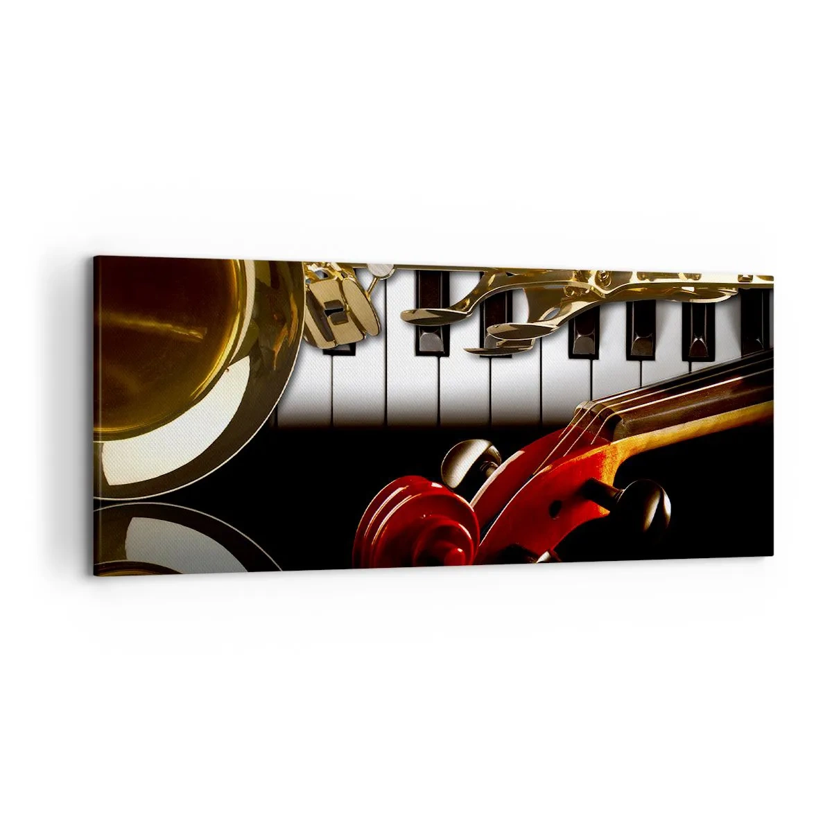 Impression sur toile - Image sur toile - Un saxophone doré, des touches de piano et un violon rouge - 120x50cm - Tôle, bois et ivoire - Décoration murale moderne pour le salon et la chambre ARTTOR