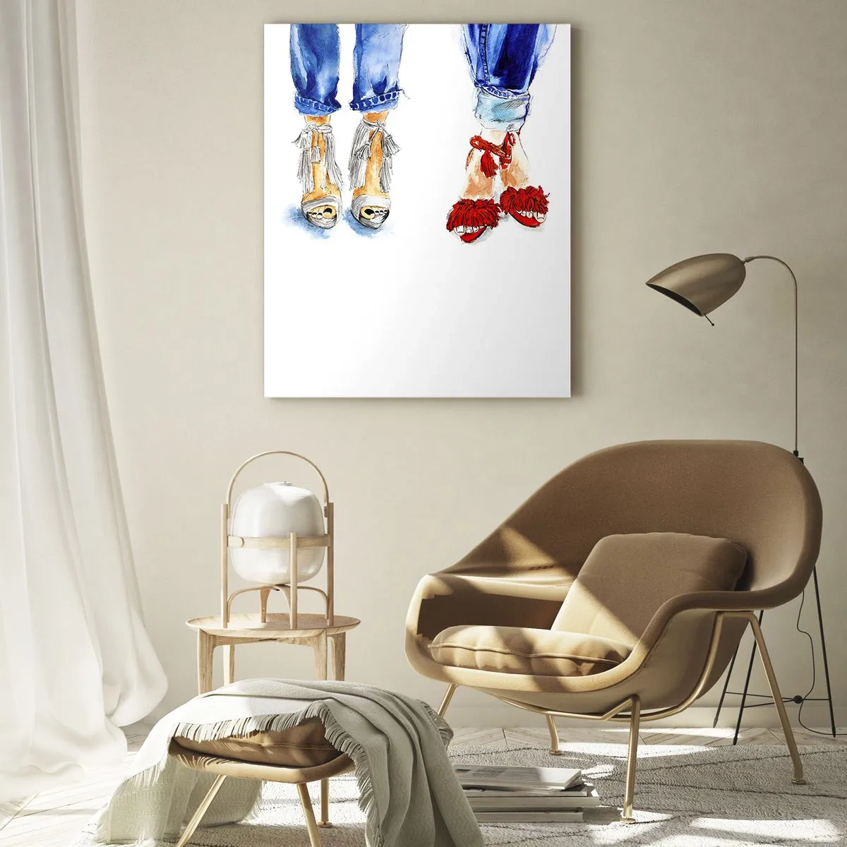 Impression sur verre - Image sur verre - Deux chaussures élégantes sur fond de jeans - 50x70cm - Peut-être irons-nous nous promener? - Décoration murale moderne pour le salon et la chambre ARTTOR