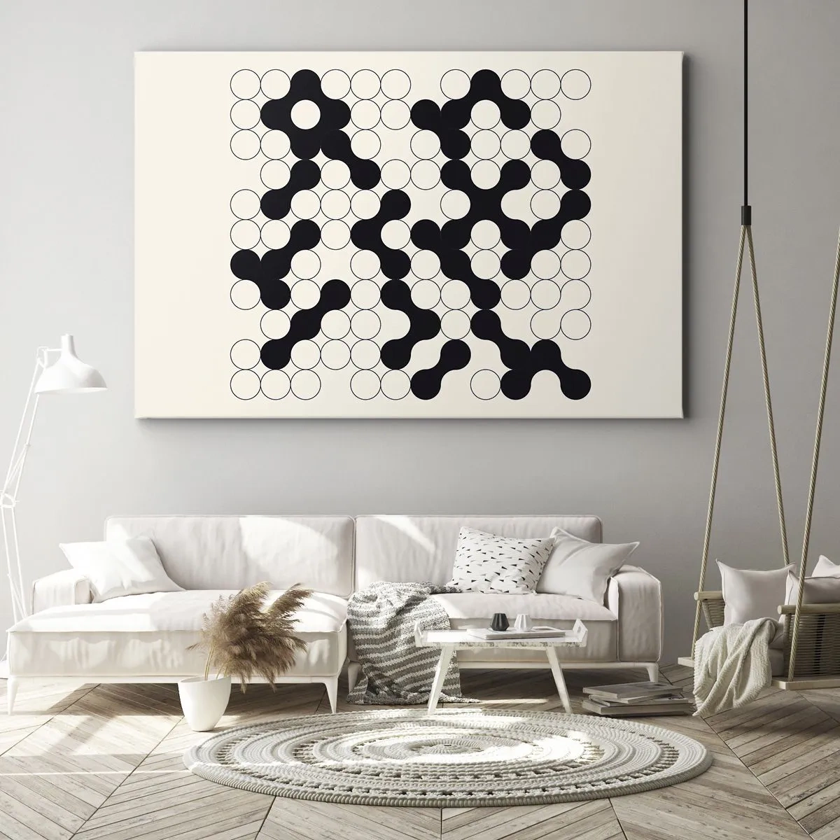Impression sur toile - Image sur toile - Motifs noirs et blancs avec des cercles sur fond clair - 100x70cm - Jeu chinois – variation - Décoration murale moderne pour le salon et la chambre ARTTOR