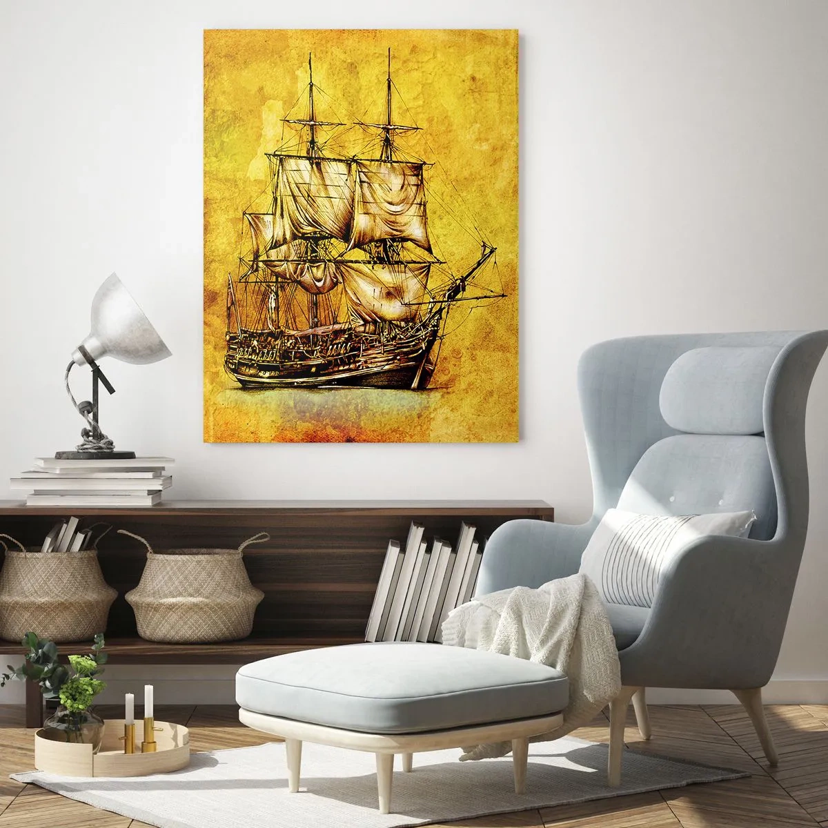 Impression sur verre - Image sur verre - Un voilier historique sur fond de parchemin stylisé - 50x70cm - En direction de l'ile de la tortue ! - Décoration murale moderne pour le salon et la chambre ARTTOR
