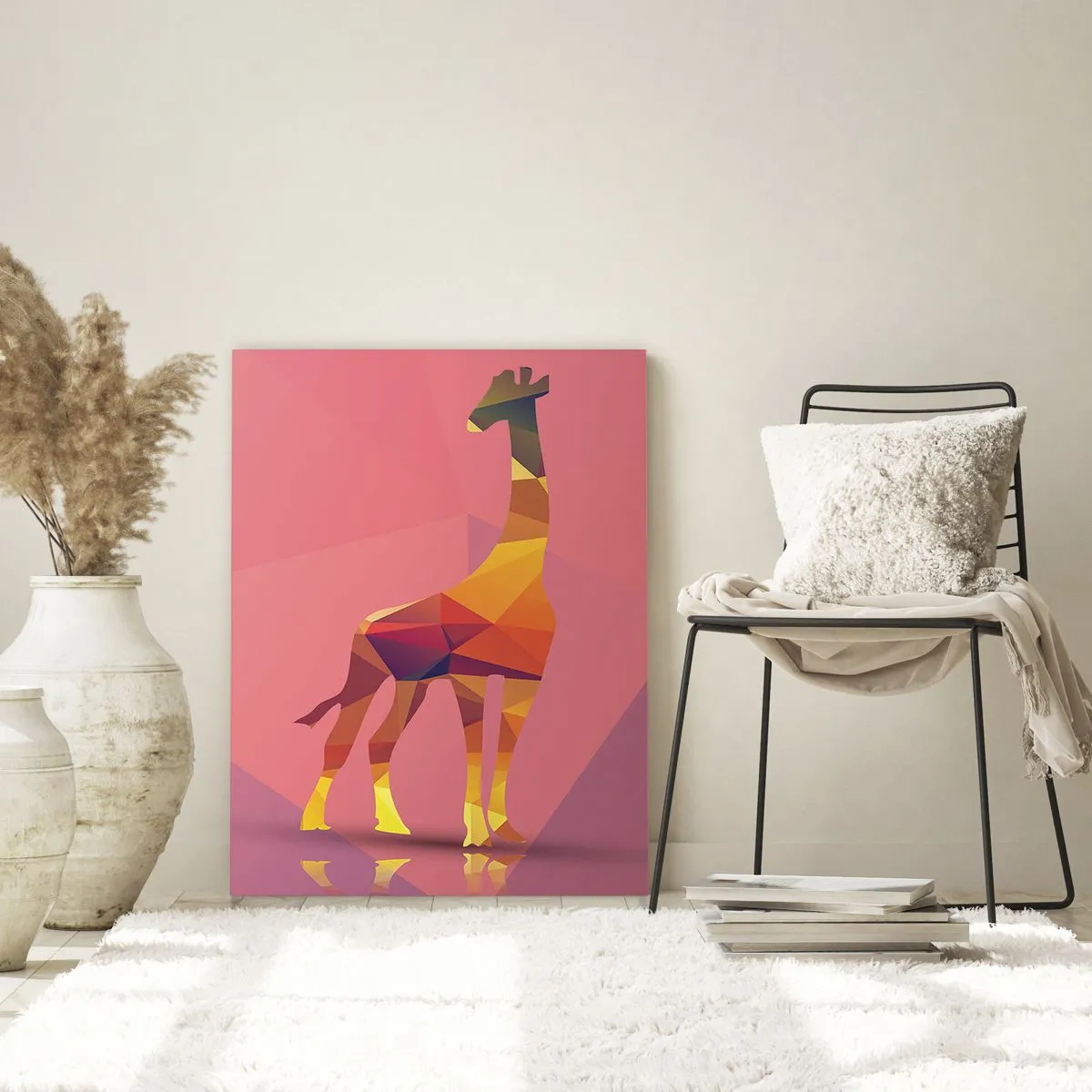 Impression sur verre - Image sur verre - Silhouette de girafe géométrique dans des tons pastel de rose et de jaune - 70x100cm - Les nuances de la savane - Décoration murale moderne pour le salon et la chambre ARTTOR