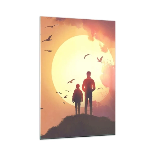 Impression sur verre - Image sur verre - Personnages sur fond de soleil couchant - 80x120cm - Face à face avec le soleil - Décoration murale moderne pour le salon et la chambre ARTTOR