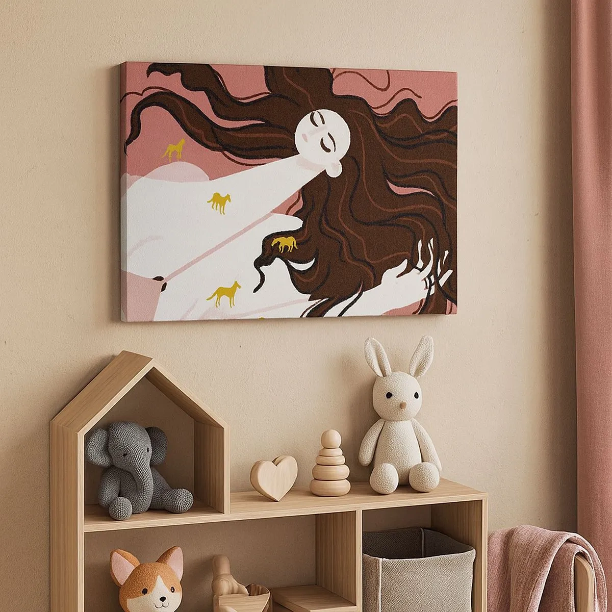 Impression sur toile - Image sur toile - Une silhouette aux yeux fermés entourée de chevaux dorés - 70x50cm - Rêve d'un cheval d'or - Décoration murale moderne pour le salon et la chambre ARTTOR