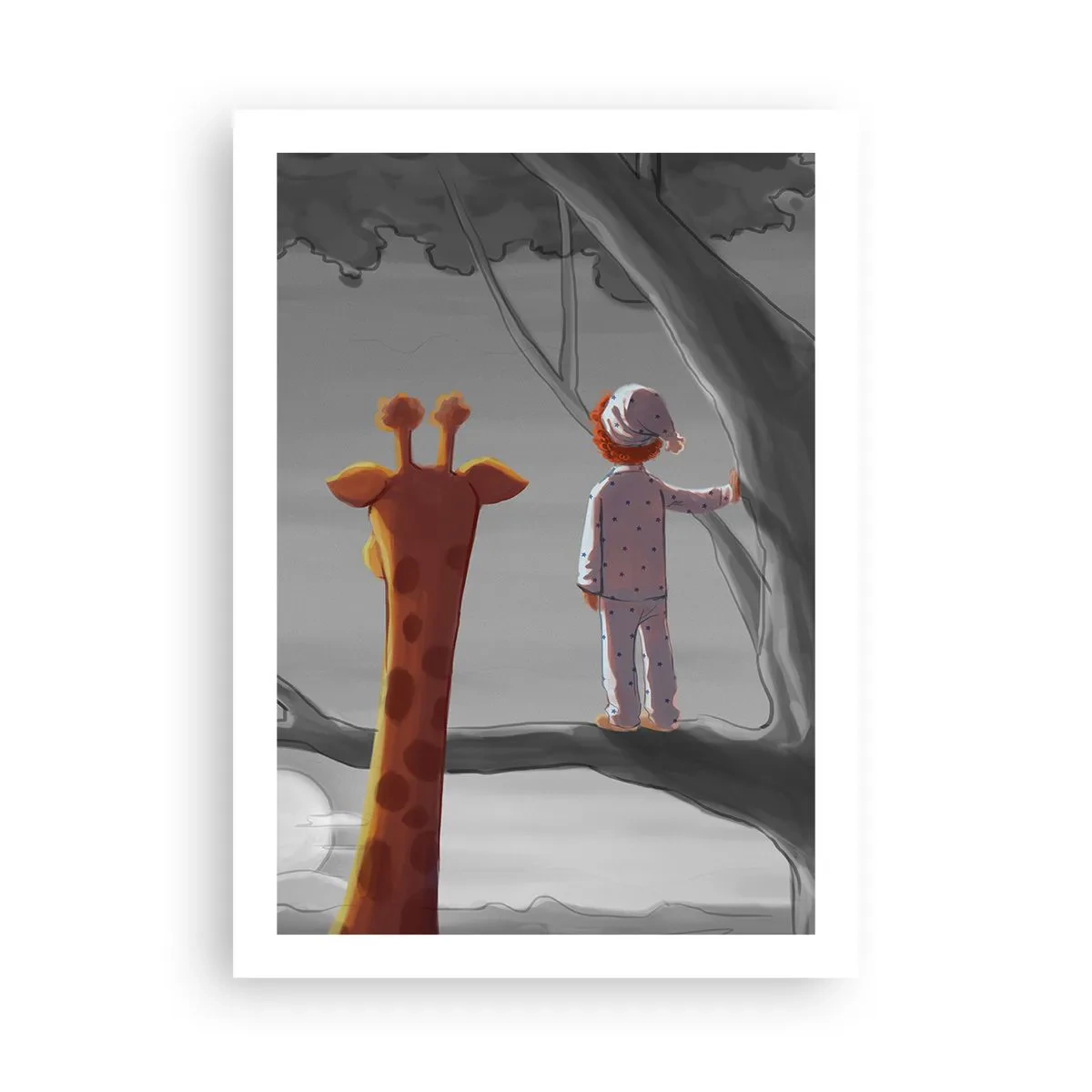 Affiche - Poster - Un garçon en pyjama et une girafe dans un arbre dans un paysage gris et orange. - 50x70cm - Cela arrive vraiment - Décoration murale moderne pour le salon et la chambre ARTTOR