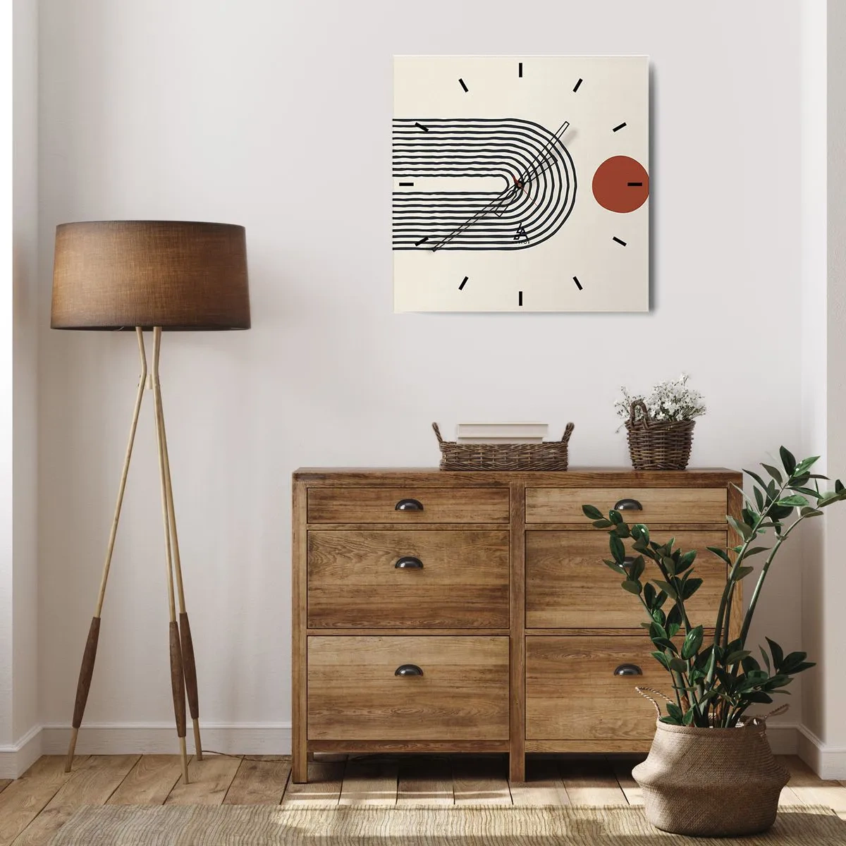 Horloge murale - Pendule murale - Motif abstrait moderne avec des lignes et un cercle rouge - 30x30cm - Le magnétisme des formes et des couleurs - Décoration murale moderne pour le salon et la chambre ARTTOR
