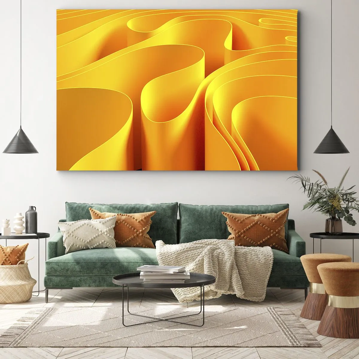 Impression sur toile - Image sur toile - Vagues abstraites jaunes ressemblant à des rayons de soleil - 100x70cm - Comme les vagues du soleil - Décoration murale moderne pour le salon et la chambre ARTTOR