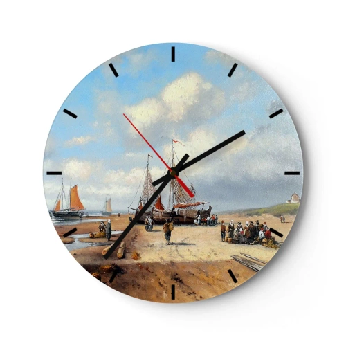 Horloge murale - Pendule murale - Scène de pêche avec des bateaux et des gens sur la plage sous un ciel bleu - 30x30cm - Après une capture réussie - Décoration murale moderne pour le salon, la cuisine et la chambre ARTTOR