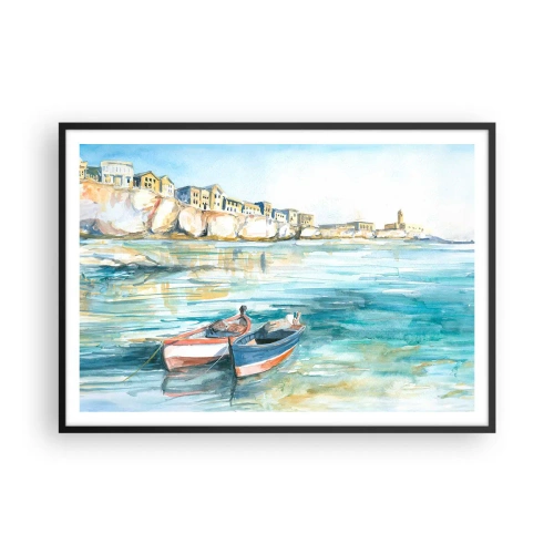 Affiche dans un cadre noir - Poster - Un paysage balnéaire pittoresque avec des bateaux sur l'eau - 100x70cm - Paysage dans l'azur - Décoration murale moderne pour le salon et la chambre ARTTOR