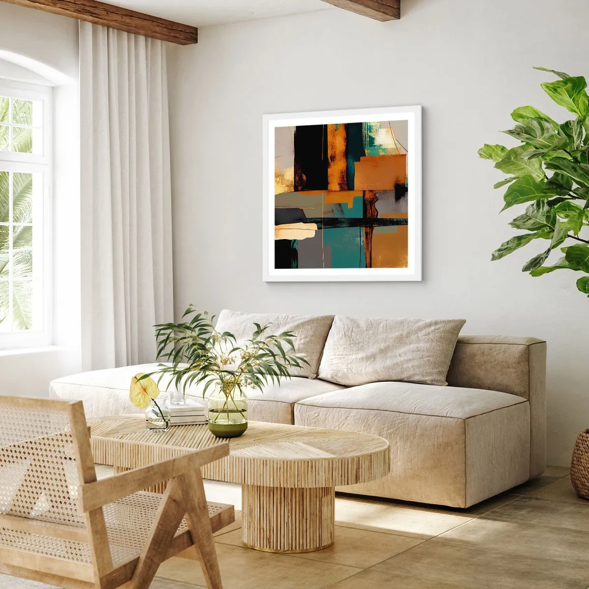 Affiche dans un cadre blanc - Poster - Abstraction – lumière et ombre - 60x60 cm