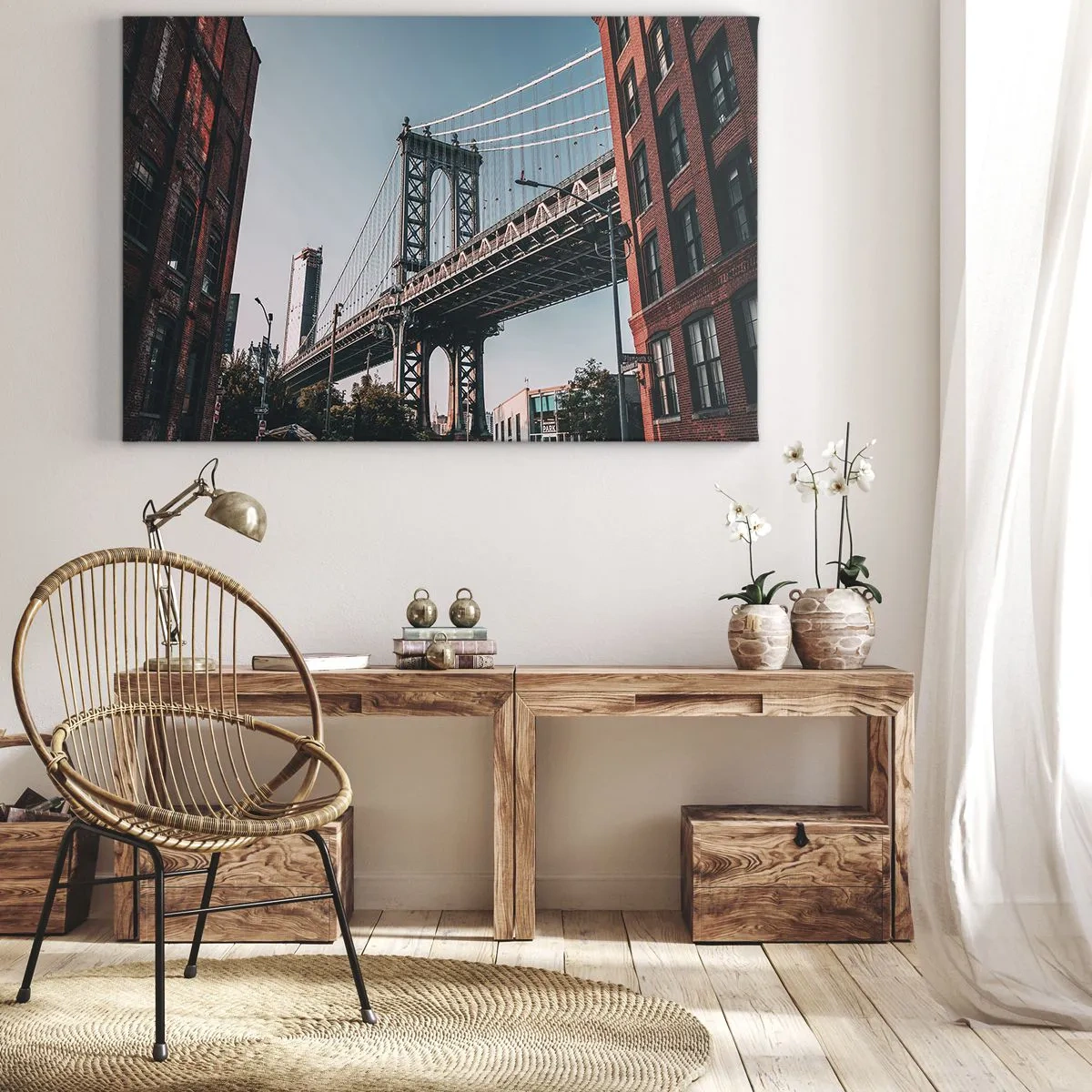 Impression sur toile - Image sur toile - Un pont entre les bâtiments dans un paysage urbain - 100x70cm - Sur les vagues de la ville - Décoration murale moderne pour le salon et la chambre ARTTOR